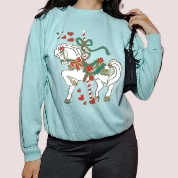 Vintage 90s/80s Blue Holiday Carousel Horse Crewneck Sweater !! - Picture 4 of 8